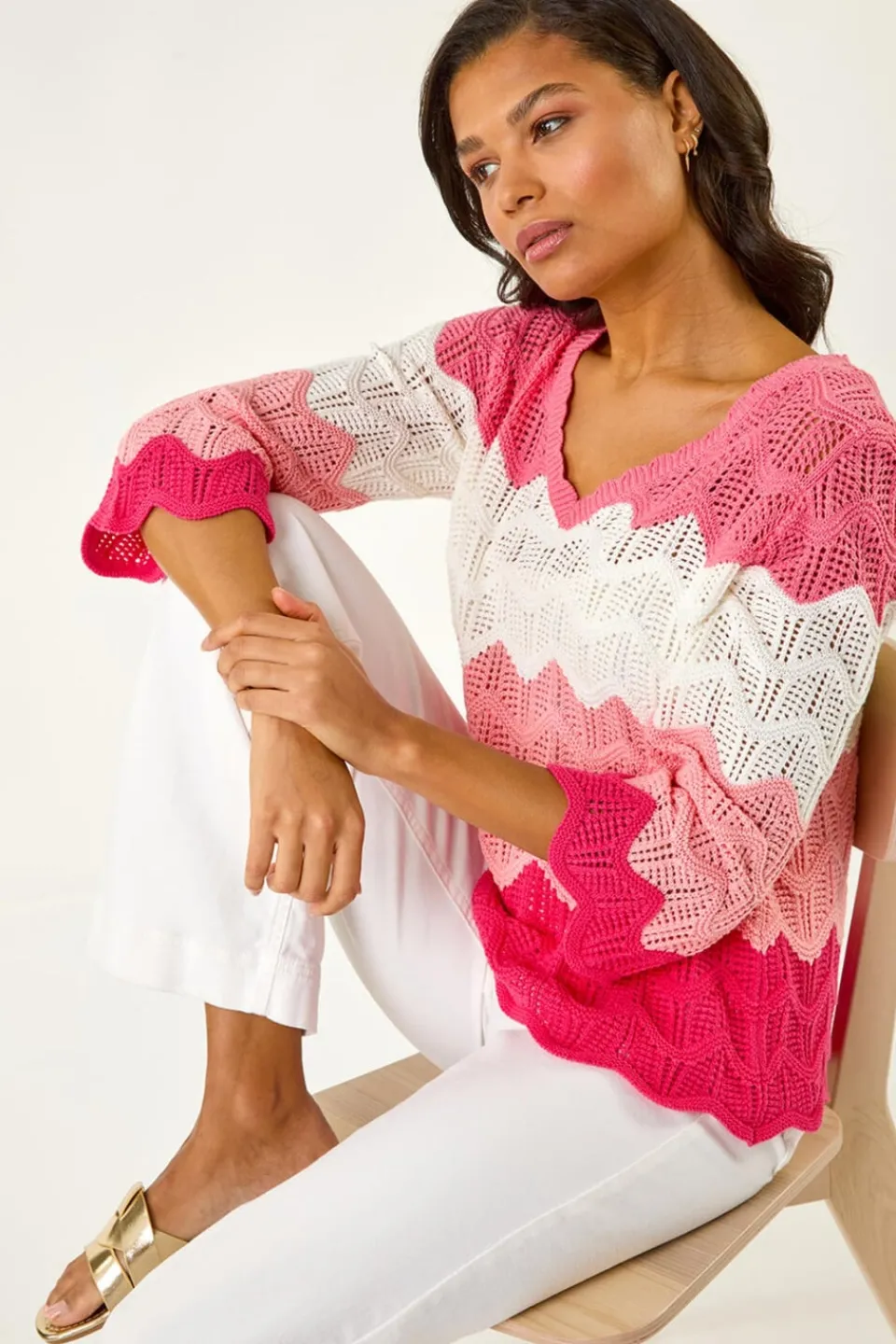 Tops>Roman Pink Colour Block Crochet Knit Scalloped Jumper