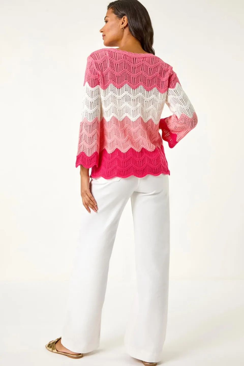Tops>Roman Pink Colour Block Crochet Knit Scalloped Jumper