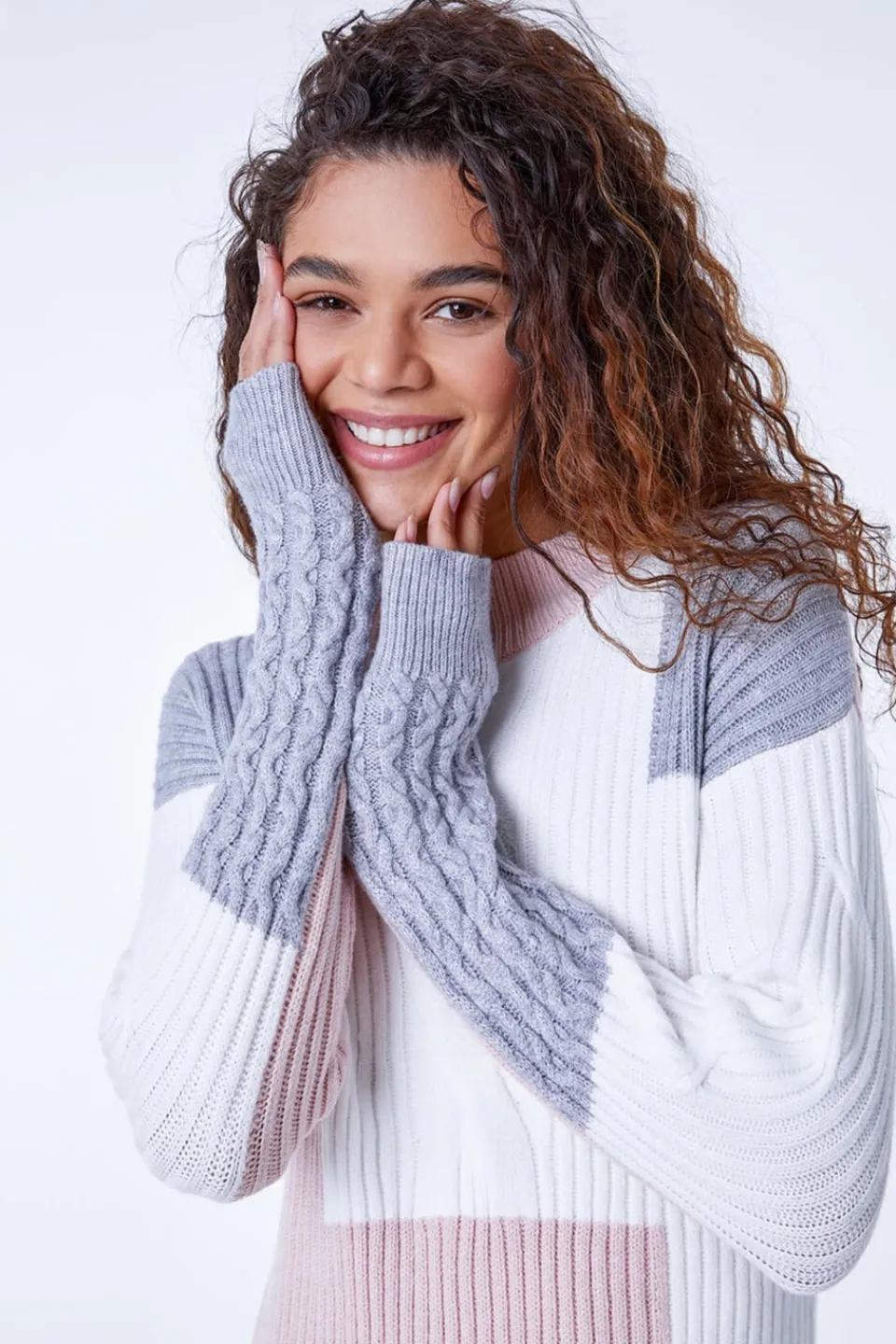 Tops>Roman Pink Colourblock Cable Knit Jumper