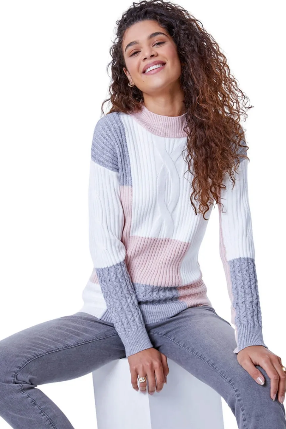Tops>Roman Pink Colourblock Cable Knit Jumper