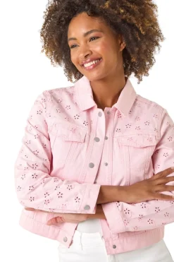 Coats & Jackets>Roman Pink Cotton Blend Broderie Sleeve Jacket
