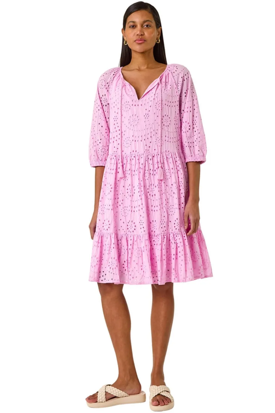 Dresses>Roman Cotton Broderie Tiered Smock Dress Pink