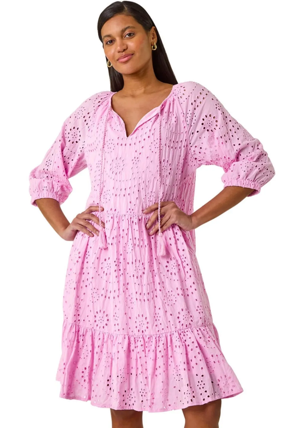 Dresses>Roman Cotton Broderie Tiered Smock Dress Pink
