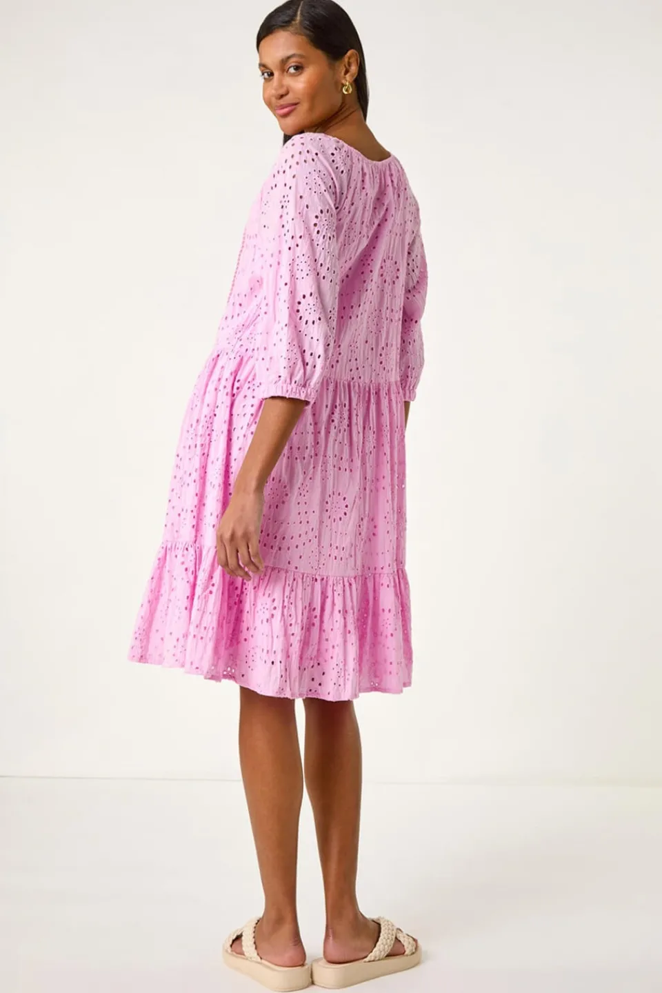 Dresses>Roman Cotton Broderie Tiered Smock Dress Pink
