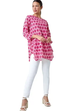 Tops>Roman Pink Cotton Geometric Pocket Longline Tunic Top