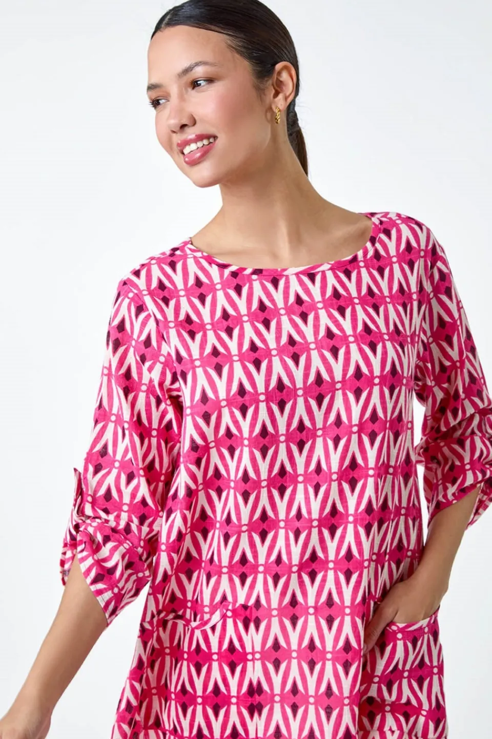 Tops>Roman Pink Cotton Geometric Pocket Longline Tunic Top