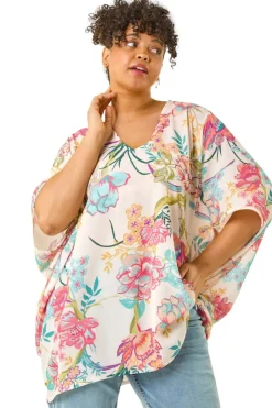 Tops>Roman Pink Curve Floral Cocoon Woven Top