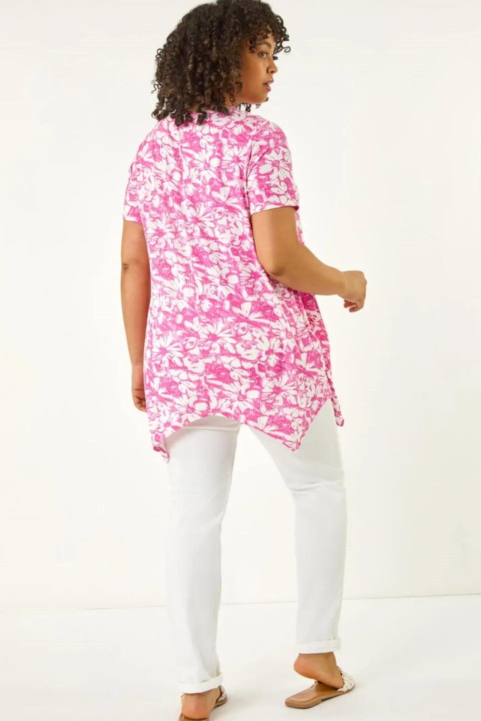 Tops>Roman Pink Curve Hanky Hem Floral Tunic Top