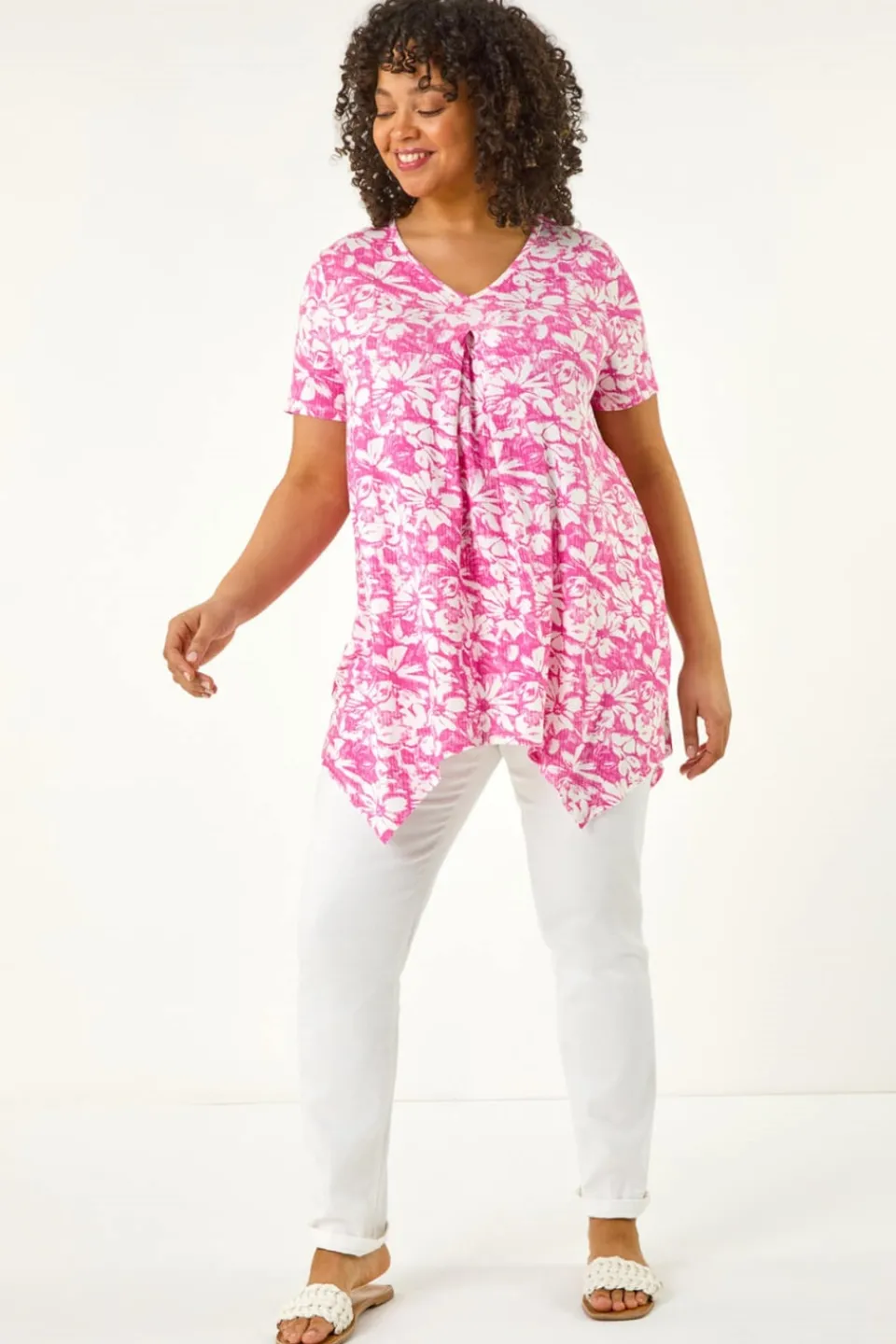 Tops>Roman Pink Curve Hanky Hem Floral Tunic Top