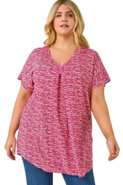 T-Shirts>Roman Pink Curve Pleat Front Printed Stretch Top