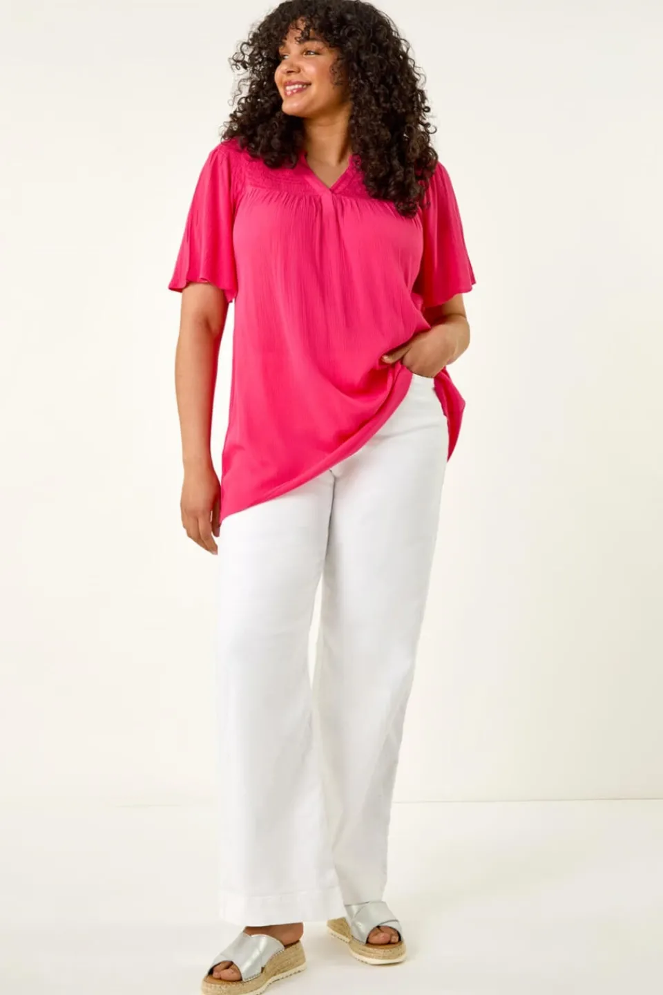 Tops>Roman Pink Curve Shirred Yoke Top