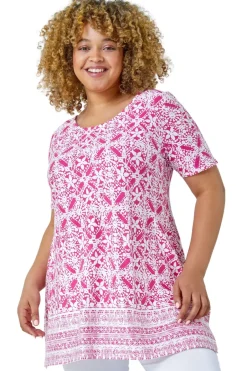 T-Shirts>Roman Curve Tile Print Stretch Top Pink