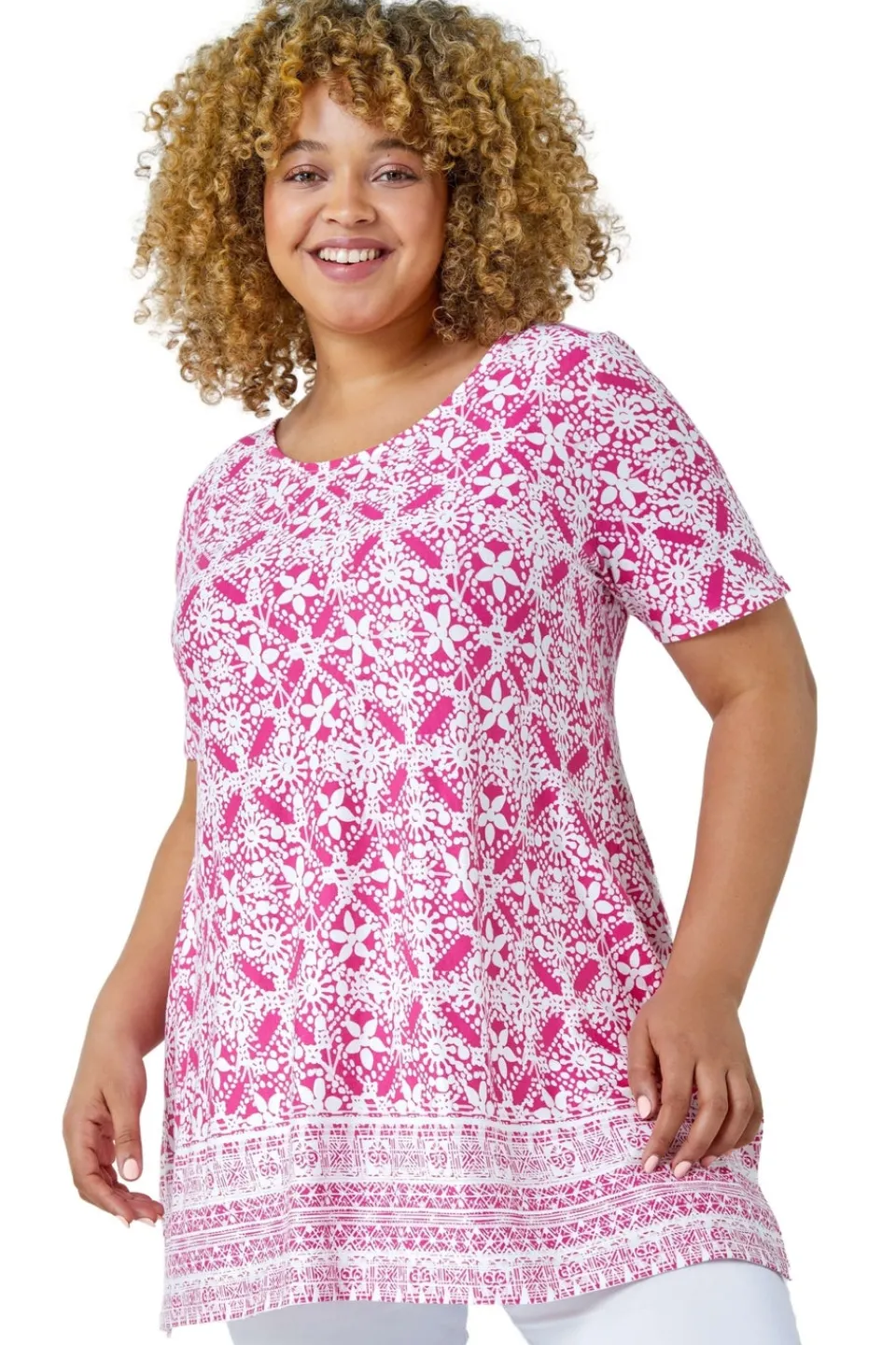 T-Shirts>Roman Curve Tile Print Stretch Top Pink