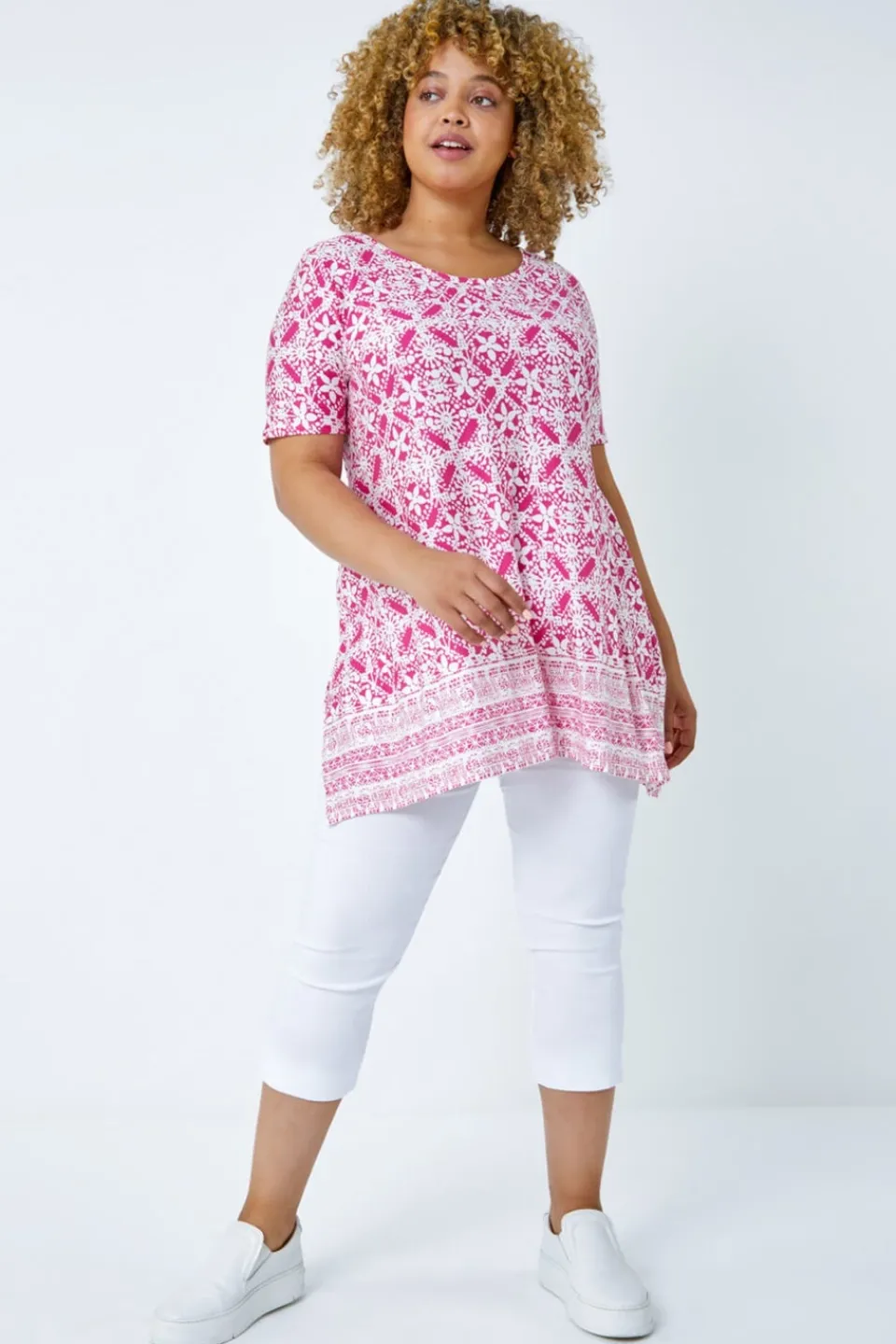 T-Shirts>Roman Curve Tile Print Stretch Top Pink