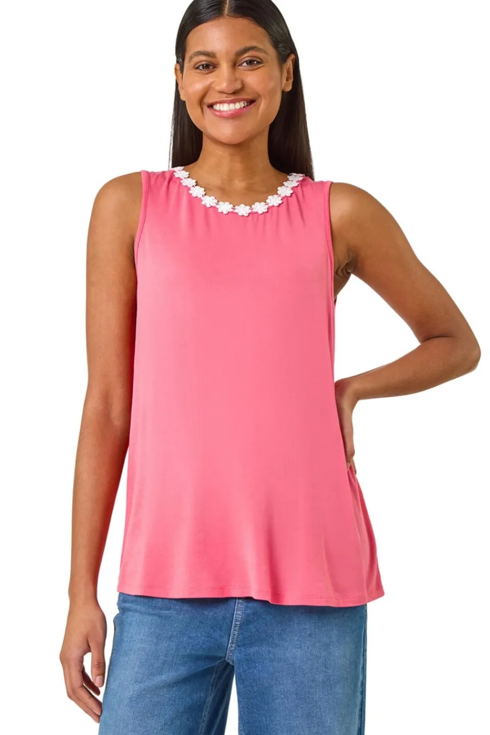 Tops>Roman Pink Daisy Neck Trim Vest Top