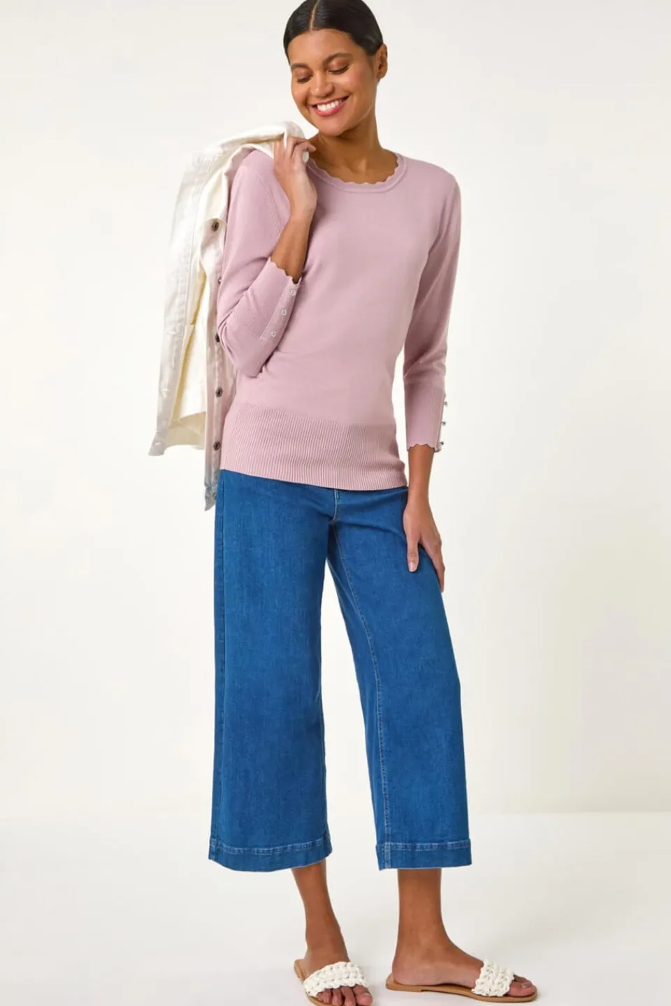 Tops>Roman Pink Diamante Button Scallop Edge Jumper