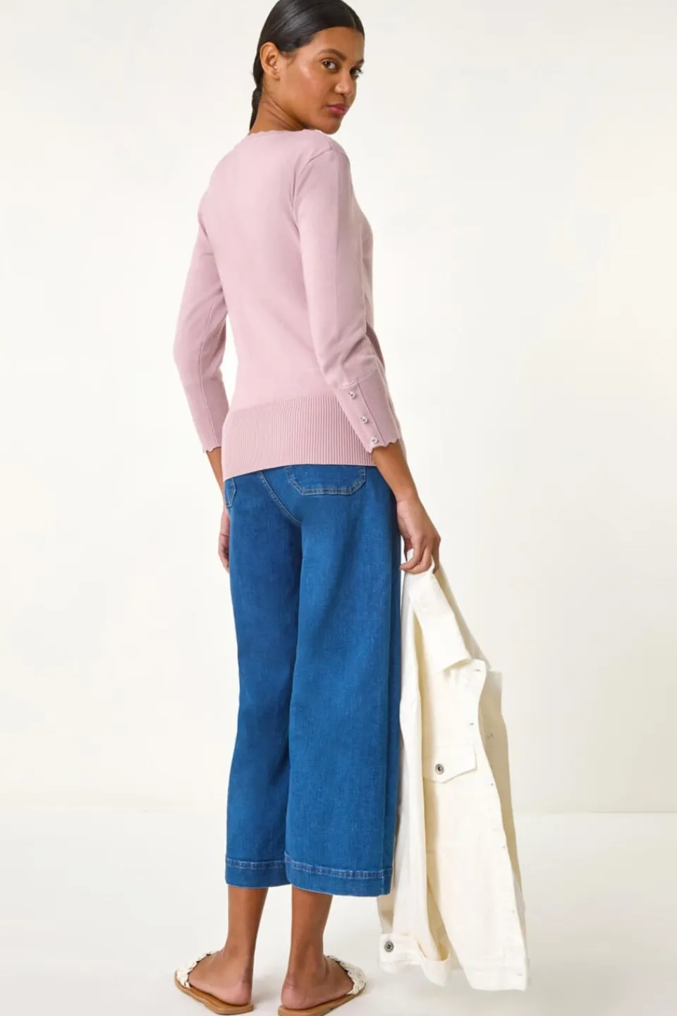Tops>Roman Pink Diamante Button Scallop Edge Jumper