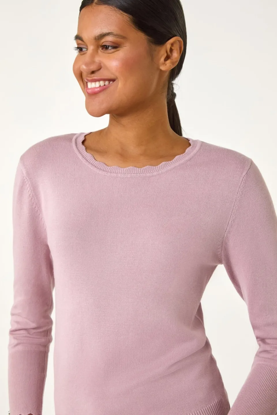 Tops>Roman Pink Diamante Button Scallop Edge Jumper
