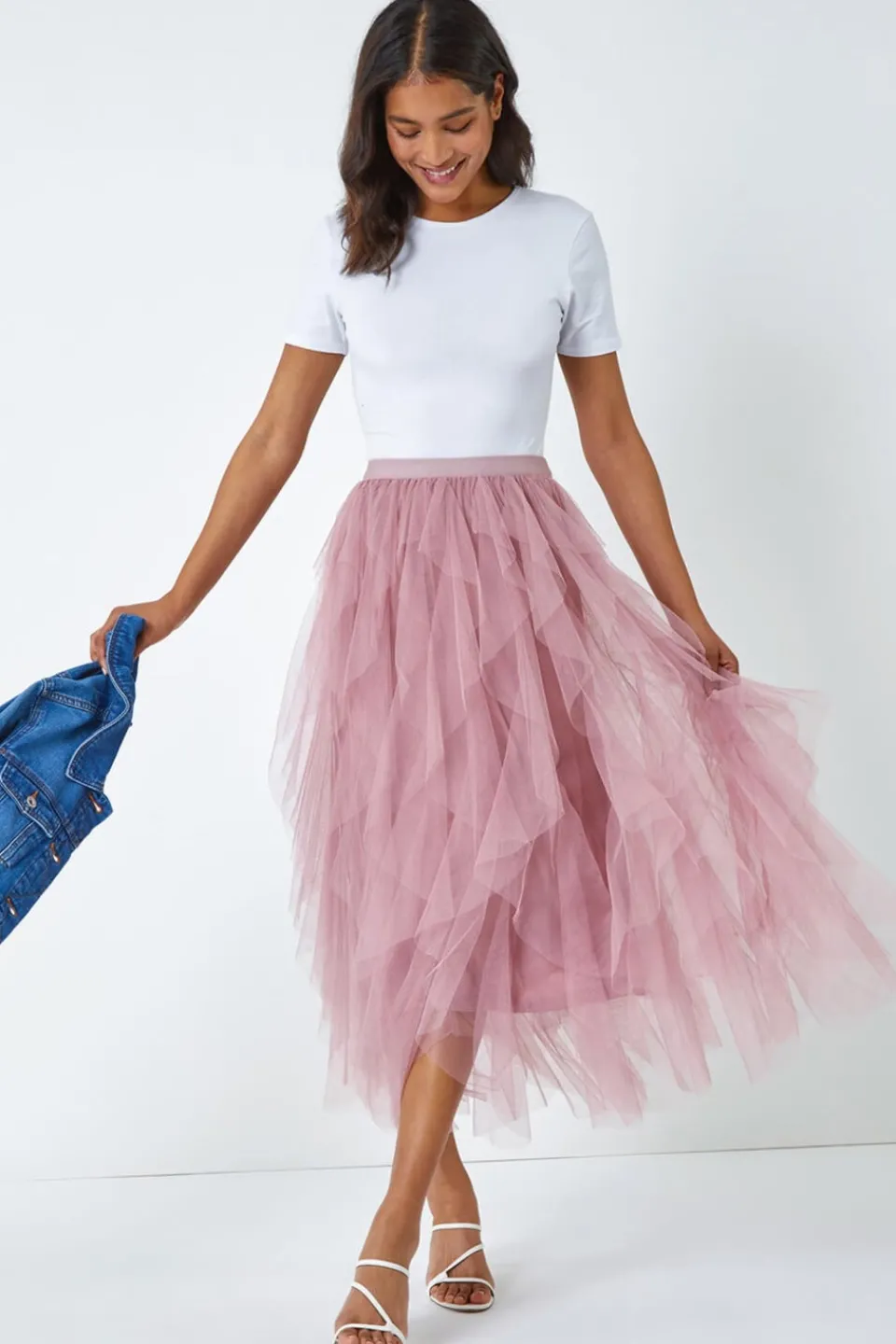Skirts>Roman Elastic Waist Mesh Layered A Line Skirt Pink