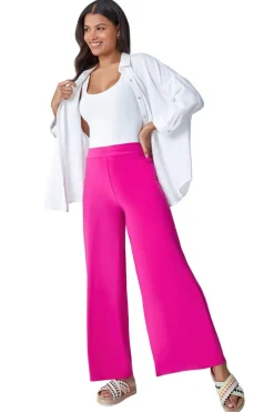 Trousers>Roman Pink Elastic Waist Wide Leg Stretch Trousers