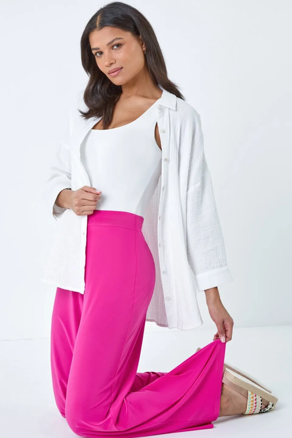 Trousers>Roman Pink Elastic Waist Wide Leg Stretch Trousers