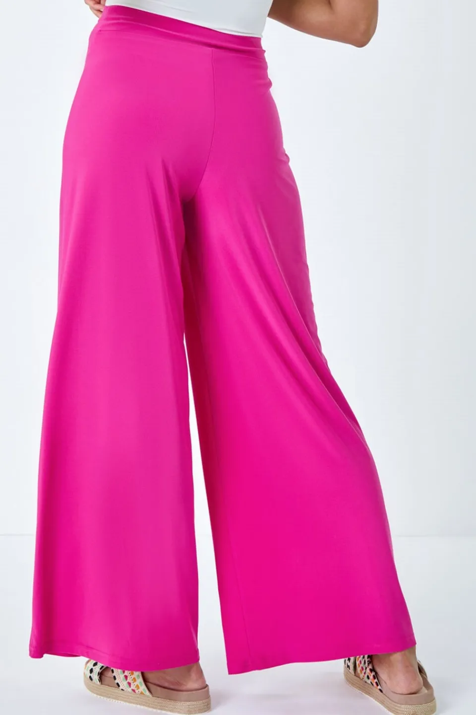 Trousers>Roman Pink Elastic Waist Wide Leg Stretch Trousers