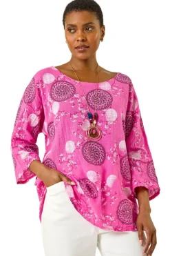 Tops>Roman Pink Floral Embroidered Cotton Top with Necklace