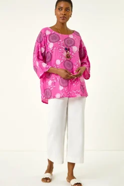 Tops>Roman Pink Floral Embroidered Cotton Top with Necklace