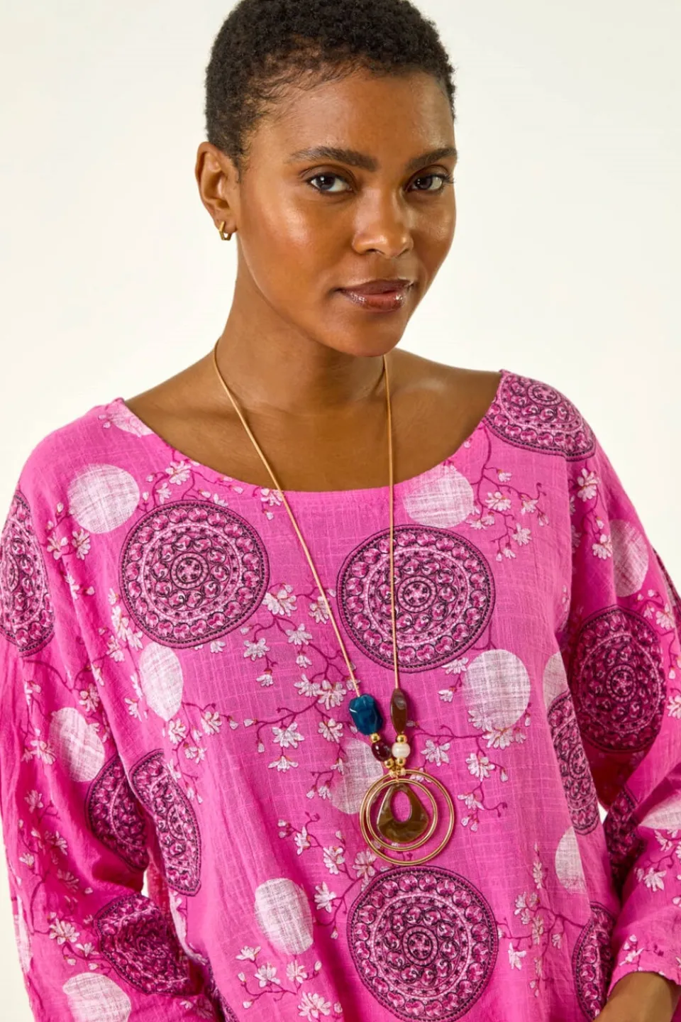 Tops>Roman Pink Floral Embroidered Cotton Top with Necklace