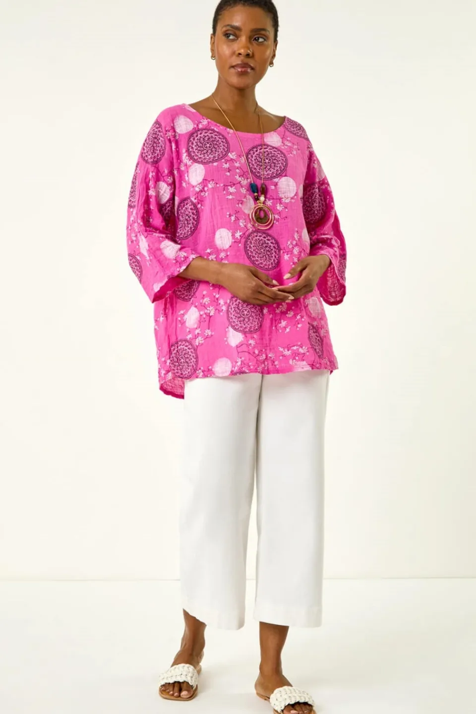 Tops>Roman Pink Floral Embroidered Cotton Top with Necklace