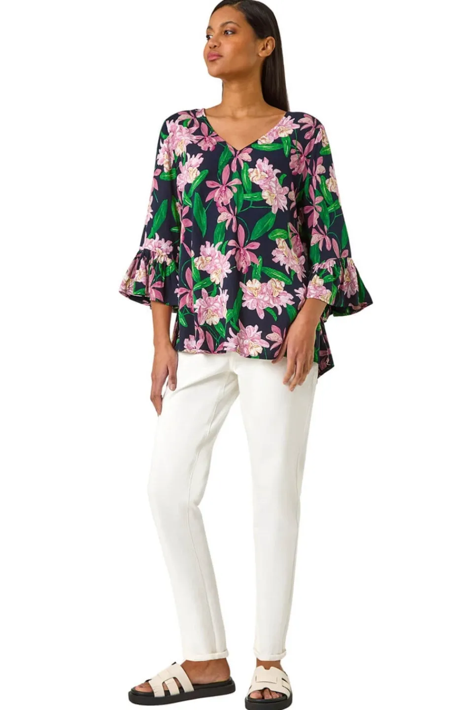 Blouses & Shirts>Roman Pink Floral Flare Sleeve Top