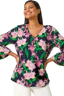 Blouses & Shirts>Roman Pink Floral Flare Sleeve Top