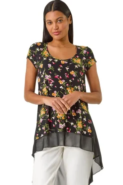 Tops>Roman Pink Floral High Low Hem Top