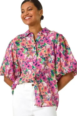 Tops>Roman Pink Floral Print Button Through Shirt