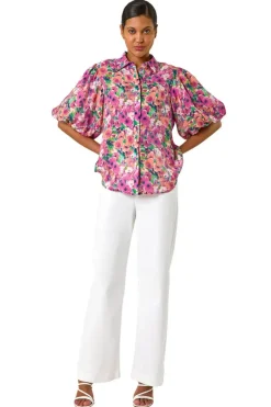 Tops>Roman Pink Floral Print Button Through Shirt