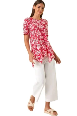 Tops>Roman Pink Floral Print Hanky Hem Tunic Top