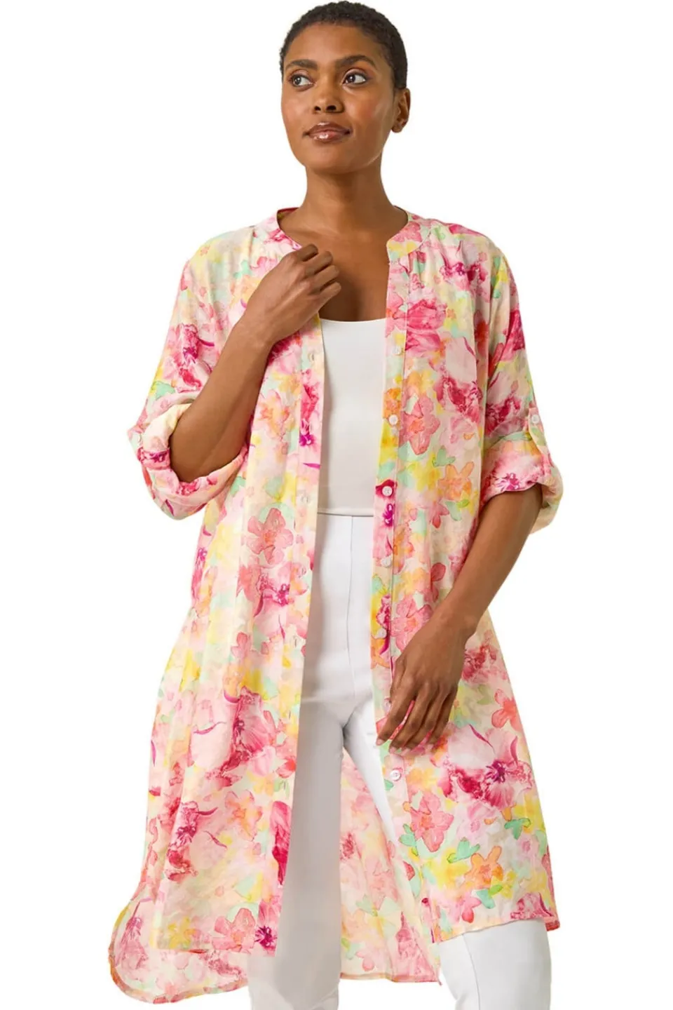 Tops>Roman Pink Floral Print Longline Blouse