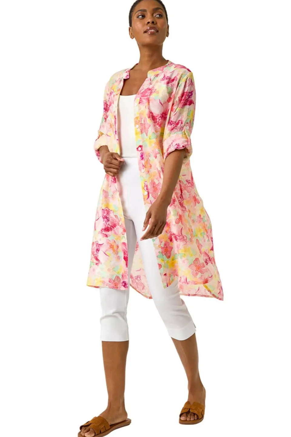 Tops>Roman Pink Floral Print Longline Blouse