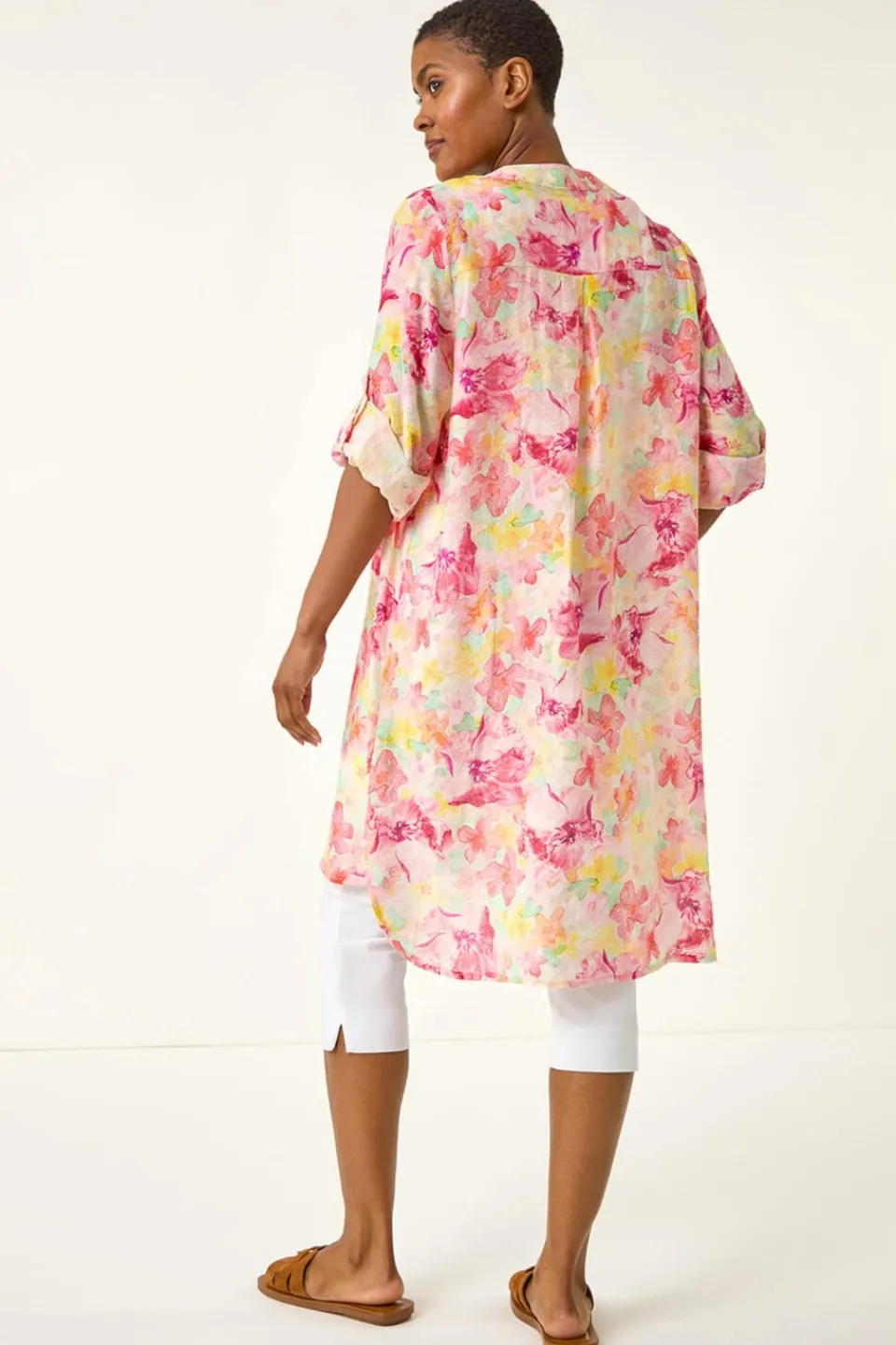 Tops>Roman Pink Floral Print Longline Blouse