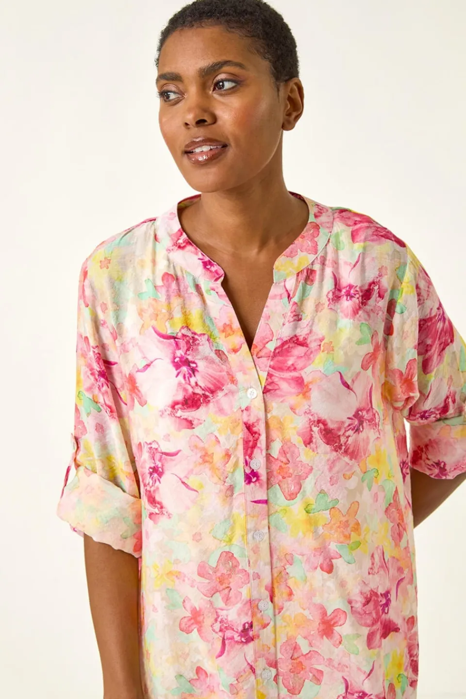 Tops>Roman Pink Floral Print Longline Blouse