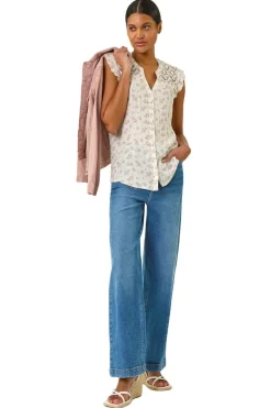Tops>Roman Pink Floral Print Lace Yoke Blouse