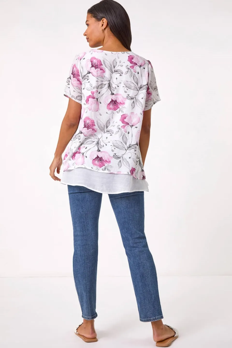 T-Shirts>Roman Pink Floral Print Layered Tunic Top