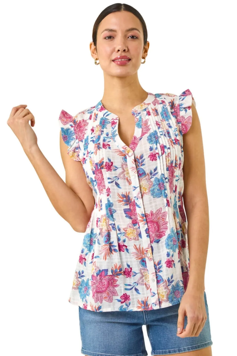 Blouses & Shirts>Roman Pink Floral Print Pintuck Frill Blouse
