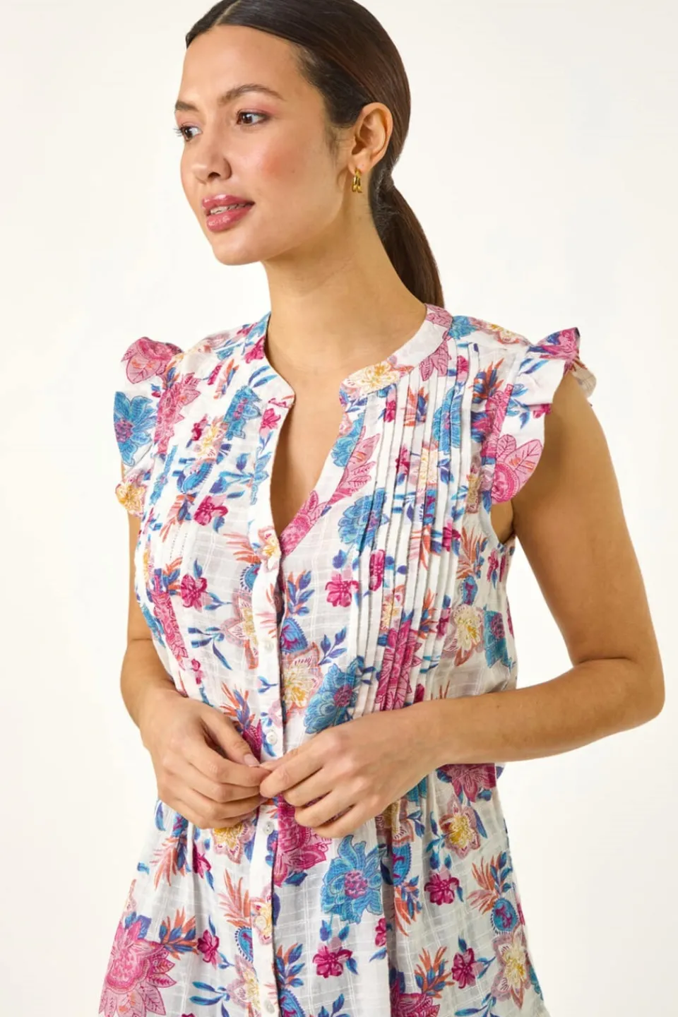 Blouses & Shirts>Roman Pink Floral Print Pintuck Frill Blouse