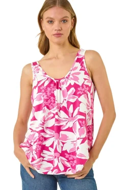 Tops>Roman Pink Floral Print Stretch Vest Top