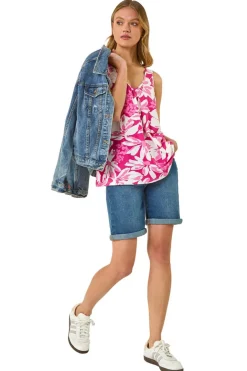 Tops>Roman Pink Floral Print Stretch Vest Top