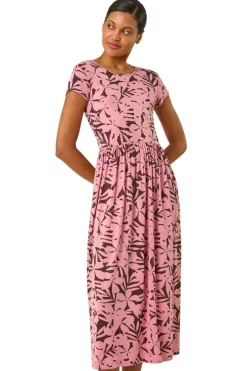 Dresses>Roman Pink Floral Print Stretch Midi Dress