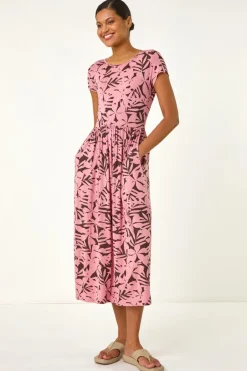 Dresses>Roman Pink Floral Print Stretch Midi Dress