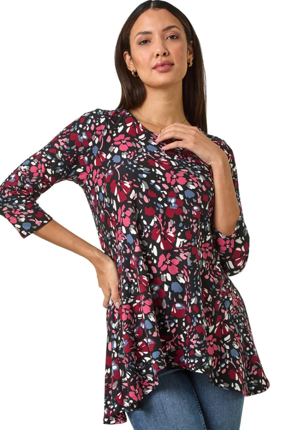 Tops>Roman Pink Floral Print Swing Stretch Tunic Top