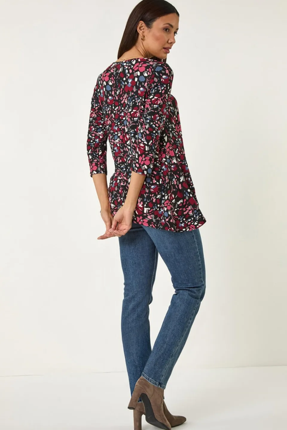 Tops>Roman Pink Floral Print Swing Stretch Tunic Top